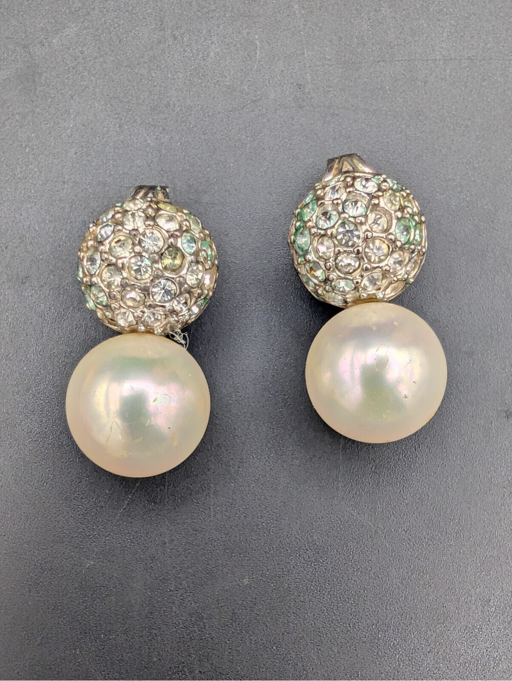 Vintage Marvella ClipOn Earring Rhinestone Pave Ball Faux Pearl Drop Silver Tone